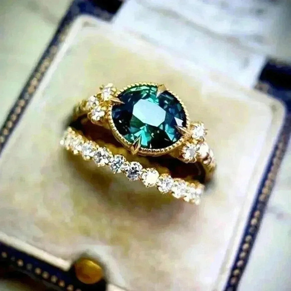 Gorgeous Bridgerton Era Look 18k Gold Over Silver Emerald White Sapphire Set - Picture 2 of 13